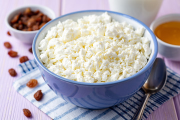 Cottage cheese in blue bowl on purple wooden background