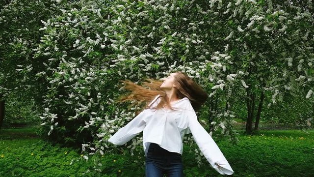 A young, long-haired beauty girl in a white shirt with very long curly hair whirls around in the background against a blossoming bird cherry tree, slow motion
