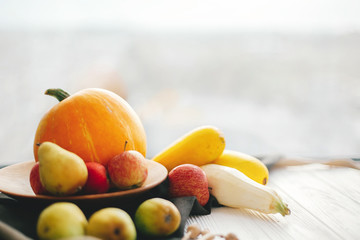 Hello autumn concept and Fall Harvest.  Happy Thanksgiving. Space for text. Pumpkin and zucchini in stylish wooden plate with apples and pears on white wooden table in light