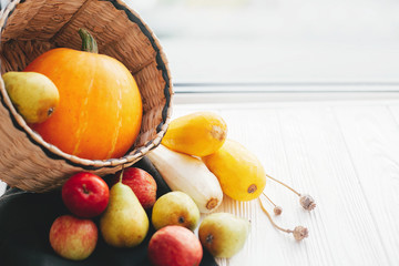 Hello autumn concept and Fall Harvest. Pumpkin and zucchini in stylish straw basket with apples and pears on white wooden background in light, Space for text. Happy Thanksgiving
