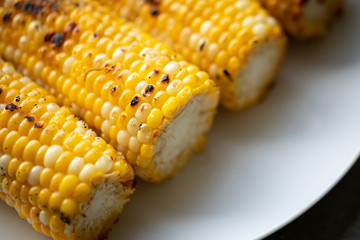 Close up on a plate of roasted corn on the cob, with space for text on the right