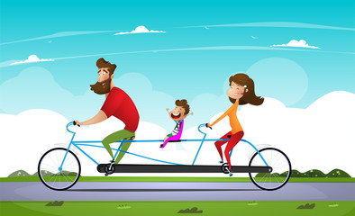 Family riding a bicycle in the park. Tandem bike.