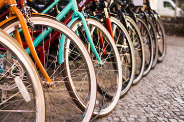 Fototapeta na wymiar Colorful new city bikes