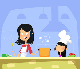Mom and daughter cooking in kitchen together