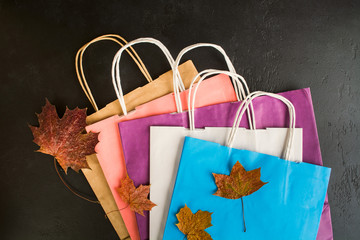 Shopping paper bags on blask background with dry leaves, flat lay © karlevana