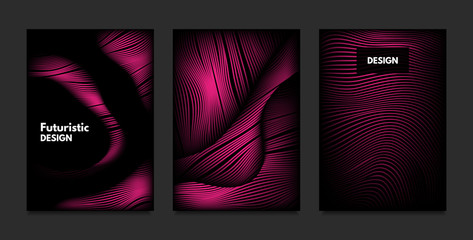 Wave. Abstract Geometry. Cover Design Templates Set with 3d Effect. Vibrant Gradient with Wavy Lines. Trendy Pink Modern Illustration with Distortion. Vector Wave for Brochure, Business, Poster, Book.