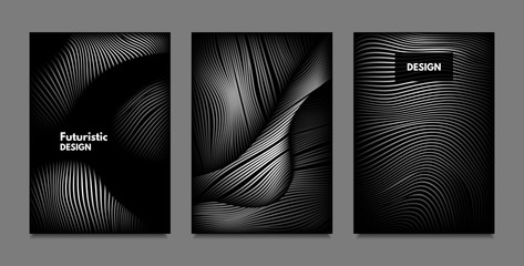 Distortion of Lines. Abstract Backgrounds with Vibrant Gradient and Wavy Stripes. Monochrome Cover Templates Set with Volume and Metallic Effect. Distorted Shapes for Business Presentation, Brochure.