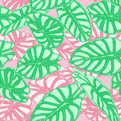 Fototapeta na wymiar Seamless Jungle Pattern in Pastel Color Design. Vector Tropic Leaves in Watercolor Style. Background with Stylized Plants Alocasia. Exotic Foliage. Seamless Tropical Pattern for Cloth Design, Fabric.