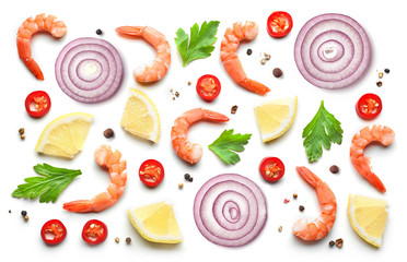 Pattern of prawns and spices isolated on white background, top view