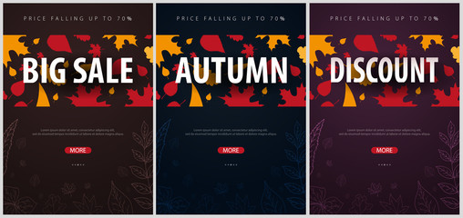 Fototapeta premium Set of Autumn Backgrounds with leaves for shopping sale, promo poster and frame leaflet, web banner. Vector illustration template.