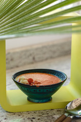 Gazpacho. Spanish Cuisine. Andalusian cold soup served in a ceramic bowl.