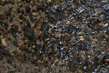 Clean, transparent streamlet with colorful stones and sunlight in the water