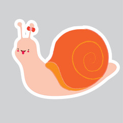 Charm snail girl on gray background. Orange bow and shell. Nursery art. Use as illustration sticker book or cartoon character icon symbol emoticon mascot prototype of toy. Vector isolated. Hand draw.