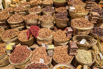 Traditional egyptian bazaar with herbs and spices in Aswan, Egypt. spices bazaar