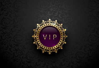 Vip purple label with round golden ring frame crown on black floral background. Dark glossy royal premium template. Vector luxury illustration.