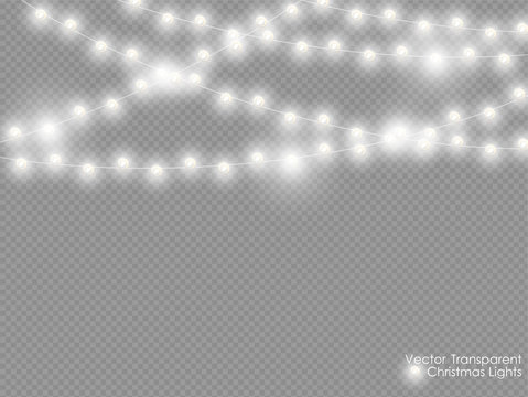 Vector christmas lights isolated on transparent background. Xmas glowing garland. White semitransparent new year lights decoration.