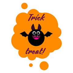Cheerful bat on an orange background with the inscription Treat or revenge. Halloween sticker. Vector