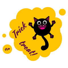 Cheerful cat on a yellow background with the inscription Treat or revenge. Halloween sticker. Vector