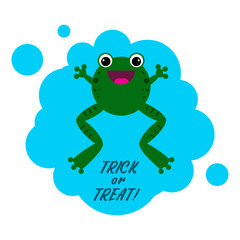 Funny frog on a blue background with the inscription Treat or revenge. Halloween sticker. Vector