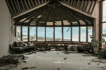 View from an abandoned hotel on the adriatic sea on the former resort of Kupari, in Croatia. Kupari...