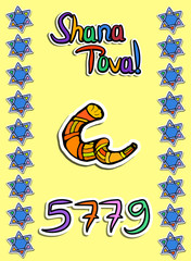 Greeting on Rosh Hashanah in paper style. Sticker. 5779. Shofar, star. Doodle. Hand draw. Vector illustration.