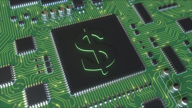 Chipset with dollar symbol. Fintech related conceptual 3D animation