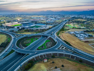 An aerial photo above a roundabout at the entrance of Nicosia, the capital o Cyprus