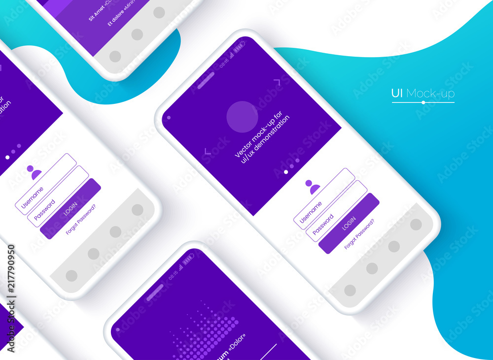 Fototapete Conceptual mobile phones for user interface, user experience presentation. Smartphone mock-up. Mobile app interface design concept. Vector eps 10.
