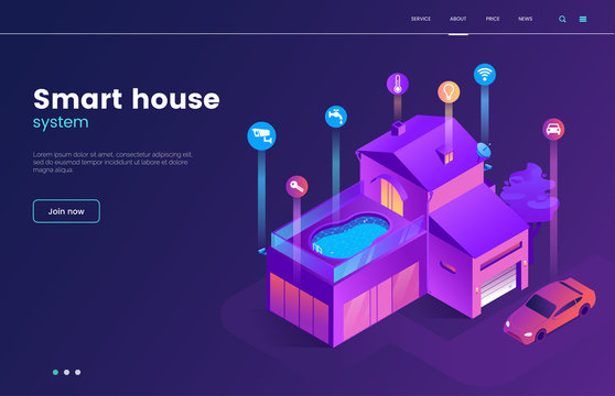 Smart house technology isometric illustration with icons. Intelligence home building landing page concept. Modern web page interface design. Internet of things. Vector eps 10.