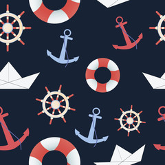 Nautical seamless pattern with anchor, lifebuoy, paper boat and steering wheel. Sea theme. Marine seamless pattern on the dark blue background.