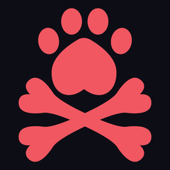 Animal pirate flag with paw in form of heart and cross bones. Pink funny dog logo.Vet doodle vector illustration with the dark blue background. 