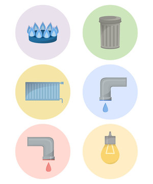 Different types of utilities, facilities icon set, municipal services illustration, cold and hot water, trash, gas, electricity, heating