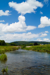 Landscape Mountain Stream Running Down Through Meadow