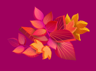 Autumn pink background with beautiful 3d leaves.