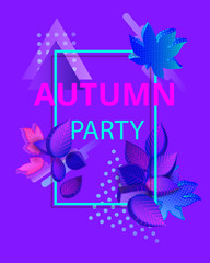 Purple autumn party background with 3d leaves.