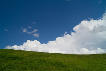 White Puffy Clouds Forming In Sky Over Field Of Green Grass