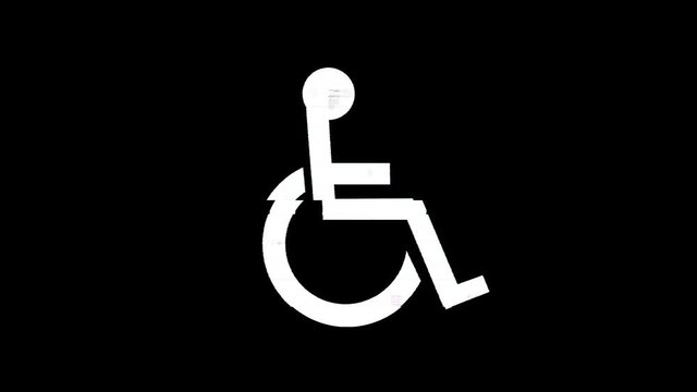 The stylized image of a person in a wheelchair (a symbol of access for disabled people), appearing with a heavy digital glitch and noise effect.
