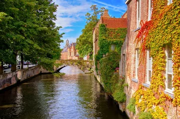 Muurstickers Bridge and leafy buildings lining the picturesque canals of Bruges, Belgium © Jenifoto