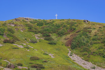 Fototapeta premium Catholic cross on peak of Tarnica Mountain in Bieszczady National Park, Subcarpathian Voivodeship of Poland
