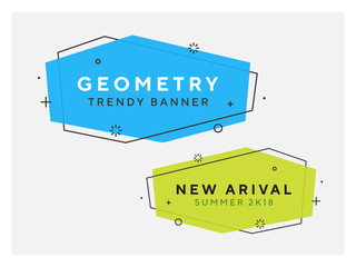 Set of trendy flat geometric vector banners. Vivid transparent banners in retro poster design style. Vintage colors and shapes. Green and blue colorss. 90s or 80s memphis style.