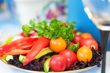 Plate with sliced vegetables. Tasty snack concept