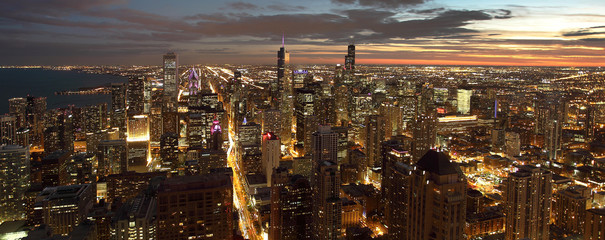 Chicago at night showing Michigan Avenue and downtown