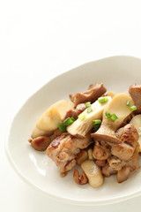 Japanese food, Erigin mushroom and spring onion stir fried for vegetarian food image