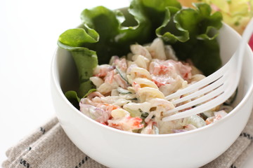 Short pasta and Japanese Kunikama crab stick salad