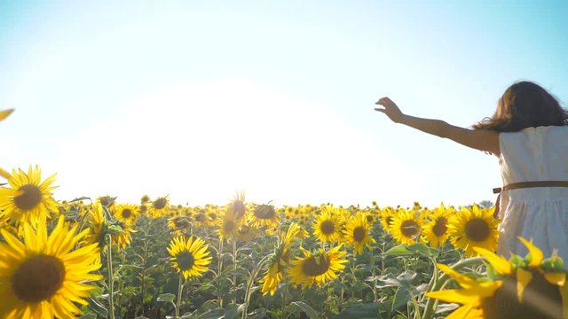 Happy little girl runs happy free across the field with sunflowers. slow motion video. smelling big sunflower on summer field. Delight of a pleasant smell. Summer holiday. concept happiness childhood