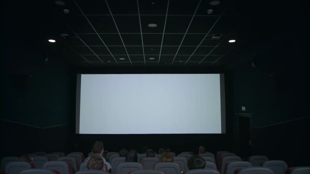 Audience looking at white screen in cinema hall. Spectators watching movie in cinema theatre. Cinema people watching film at empty screen