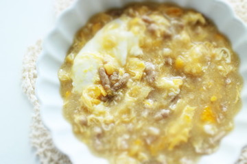 Chinese food, mince pork and corn soup