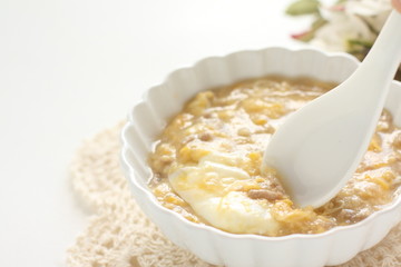 Chinese food, mince pork and corn soup
