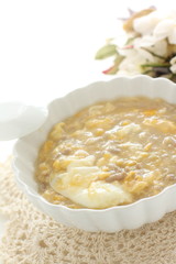Chinese food, mince pork and corn soup
