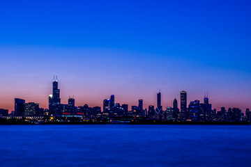 city, skyline, water, urban, chicago, cityscape, downtown, panorama, night, architecture, buildings, sky, building, skyscraper, blue, travel, sunset, view, river, tower, lake, business,